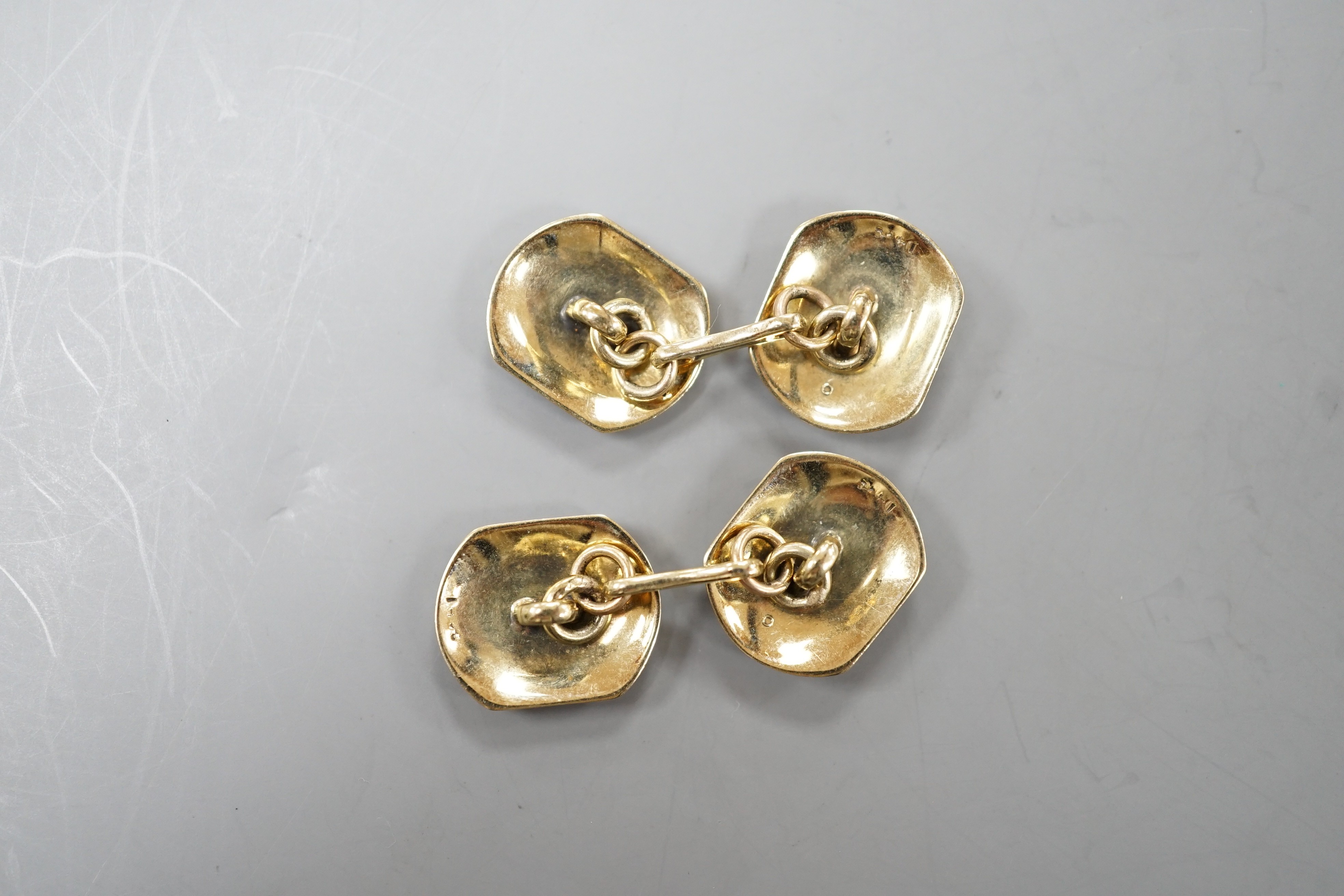 A pair of two colour 14k and diamond set shaped hexagonal cufflinks, 13mm, 9.6 grams.